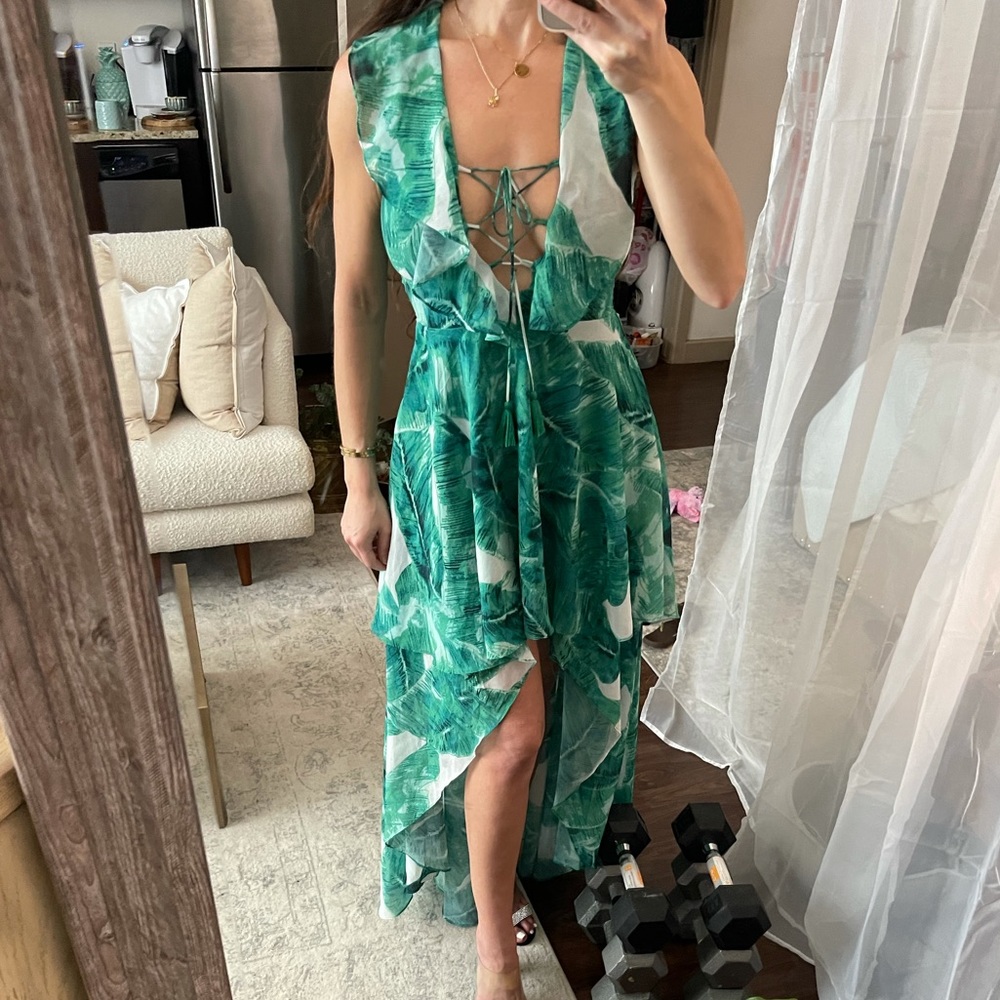Small Luxxel Tropical Banana Leaf print dress high low